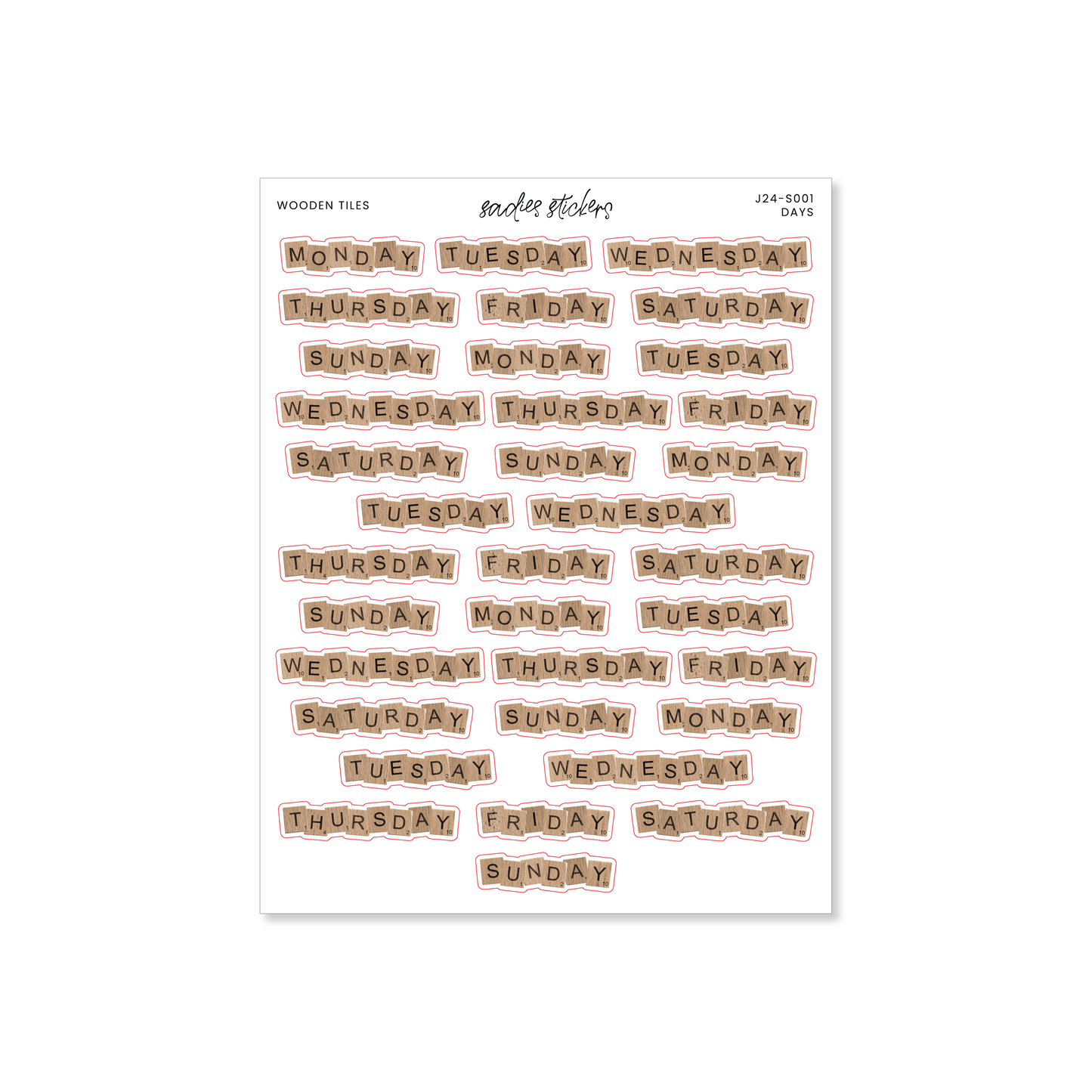 Sadies Stickers Wooden Tiles • Days • Deco Sticker Sheet