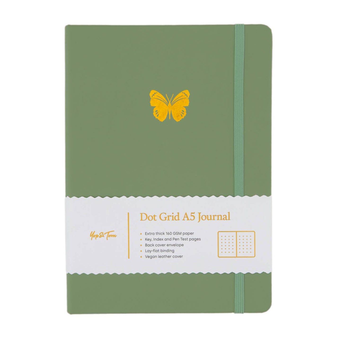 Yop & Tom A5 Dot Grid Journal - Butterfly: Sage Green