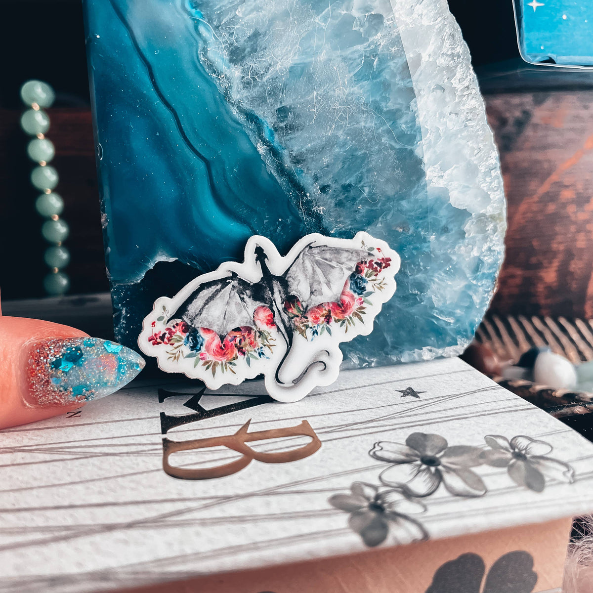 Black Dragon & Wildflowers Watercolor Vinyl Sticker