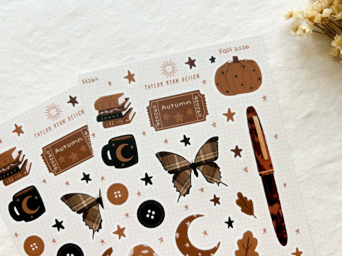 Cozy Autumn Magic Sticker Sheet – Books, Moons, Moths & Mushrooms
