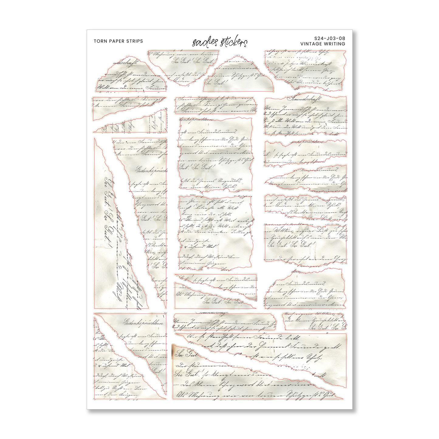 Sadies Stickers Vintage Writing Torn Paper Strips • Journal Sticker Sheet