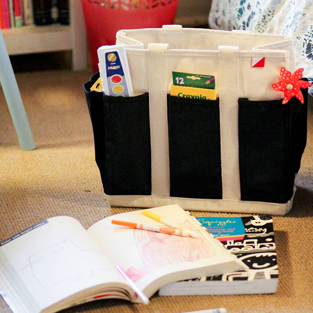 Shore Bags Multi-Pocket Canvas ToteCraft Bag Medium: Natural with Hunter Green