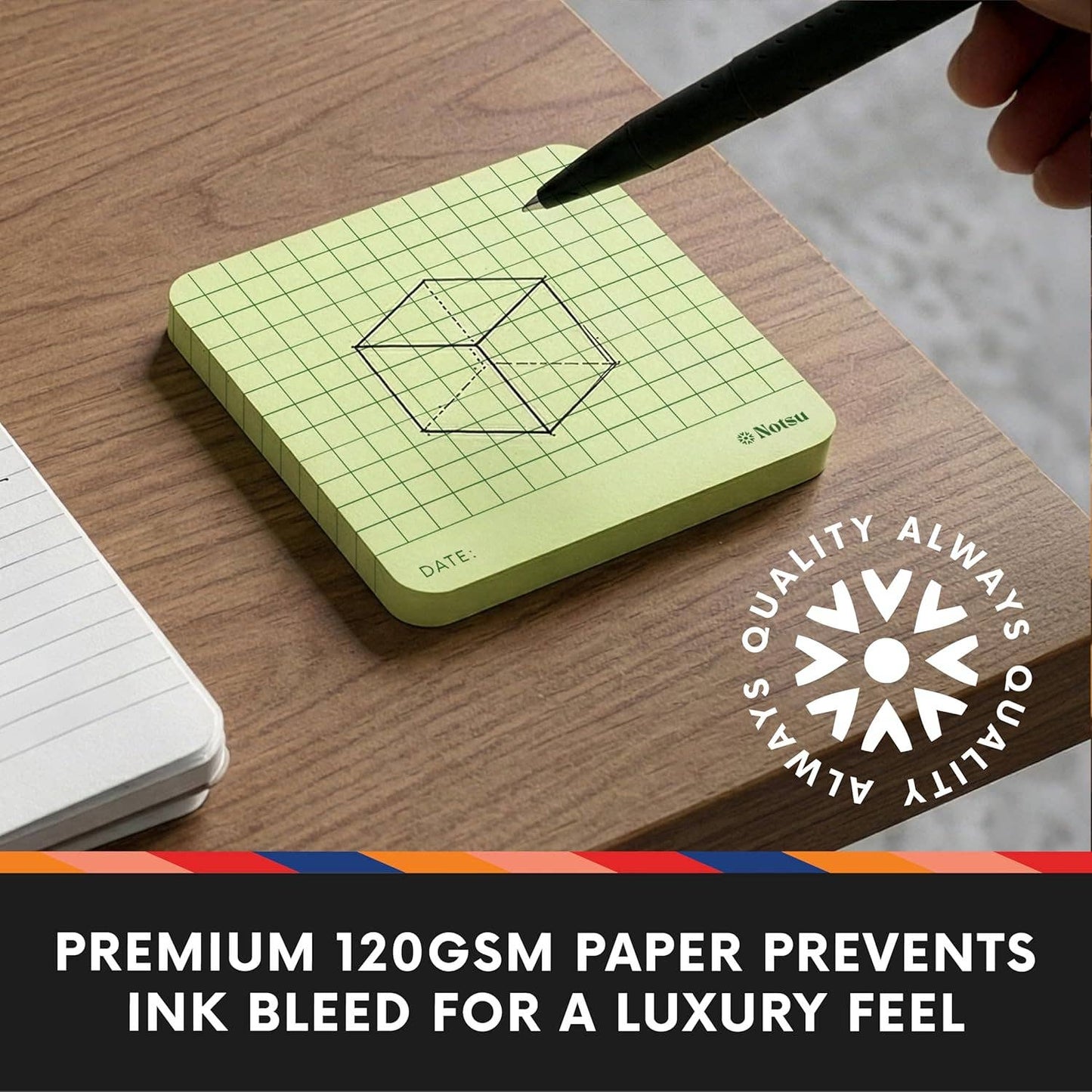 Graph Grid Sticky Notes 4pk | Premium Thick Paper 120g | Colorful Pastel Graphing Memo Pads with Date, 3" x 3"