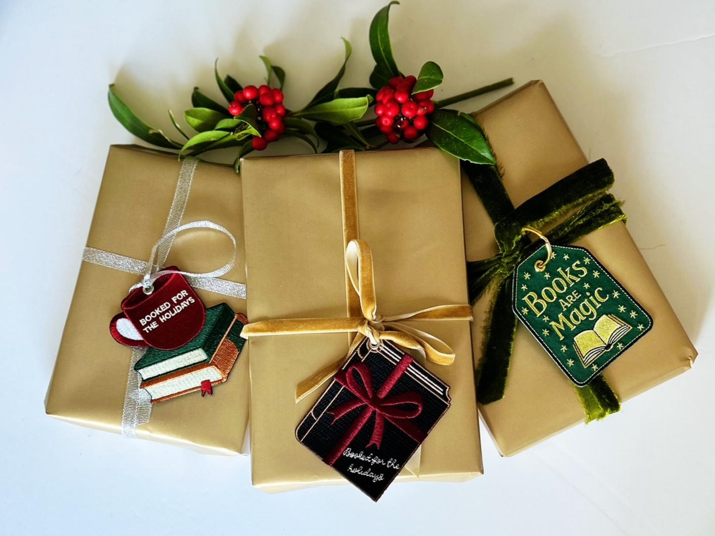 Embroidered Booked for the Holidays Keychain Gift Tag for Book Lovers