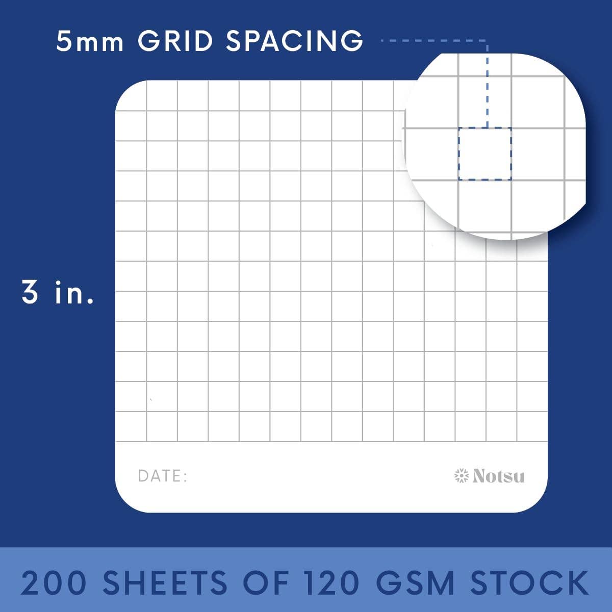 Graph Grid Sticky Notes 4pk | Premium Thick Paper 120g | Graphing Memo Pads with Date, 3" x 3"