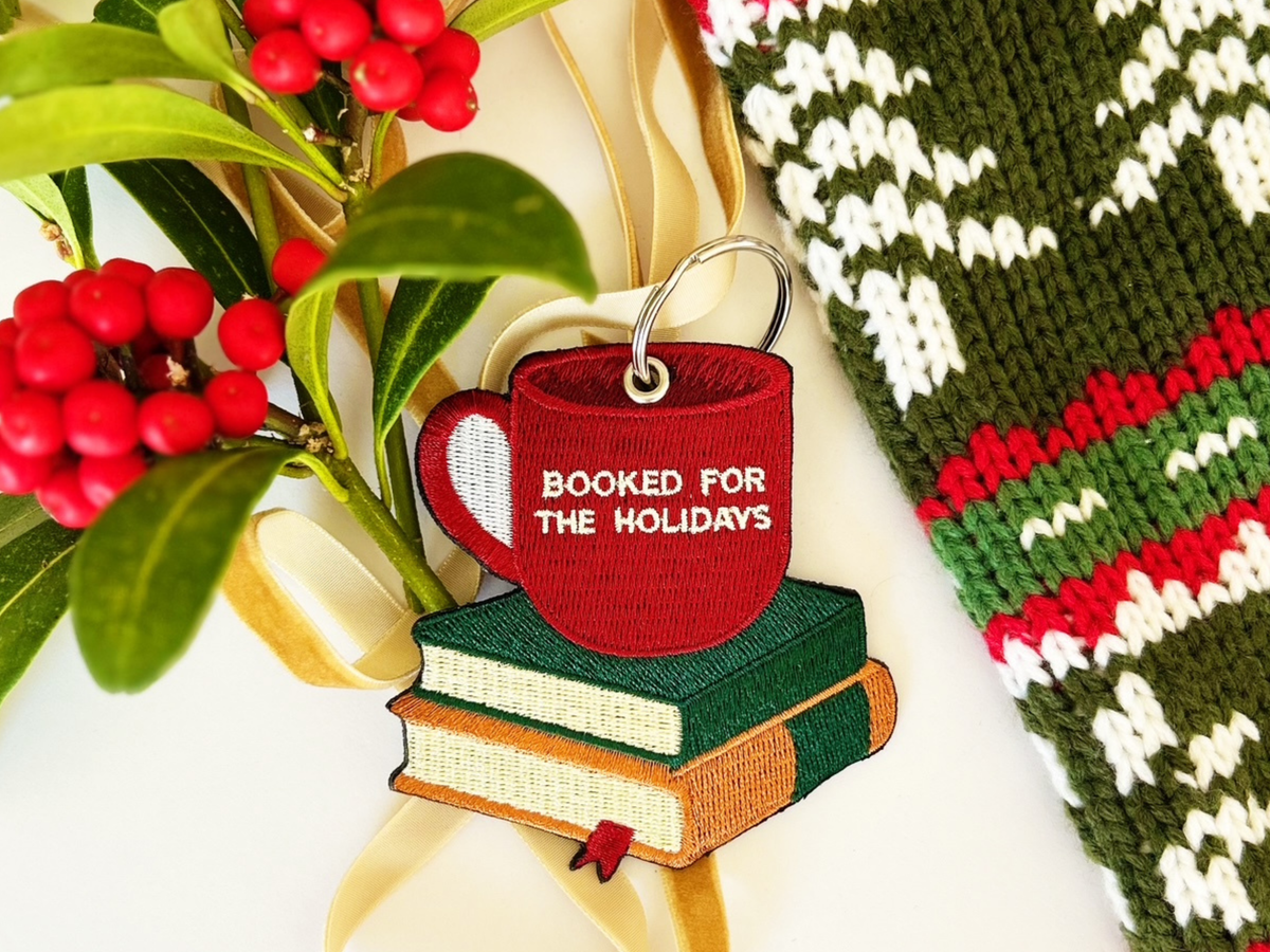 Embroidered Booked for the Holidays Keychain Gift Tag for Book Lovers