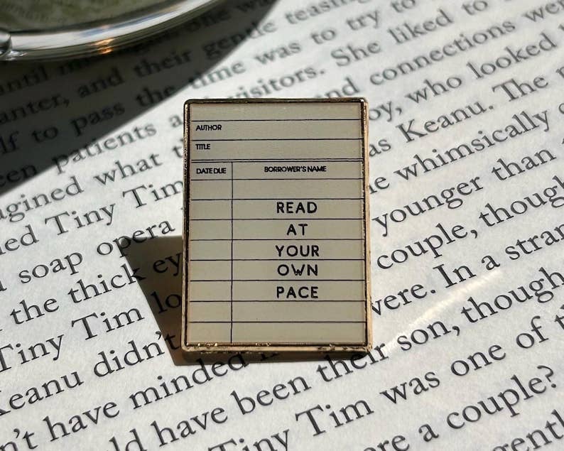 Library Card Catalog Pin | Literary Gifts for Book Lovers | Read at Your Own Pace