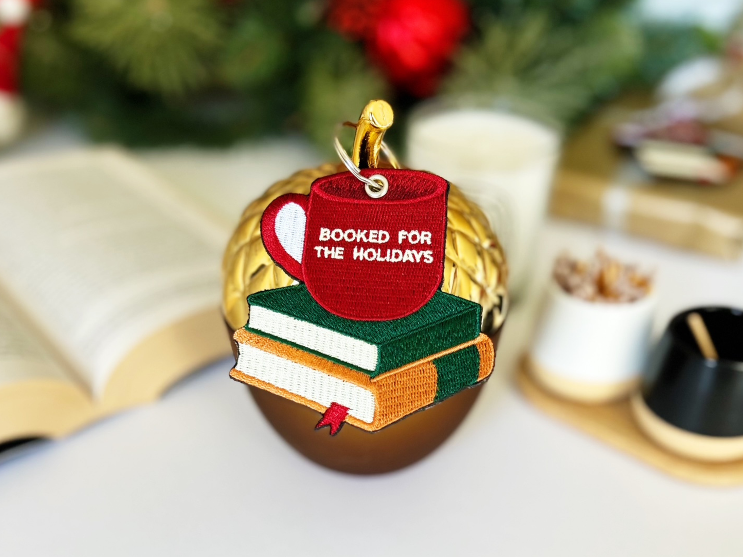 Embroidered Booked for the Holidays Keychain Gift Tag for Book Lovers