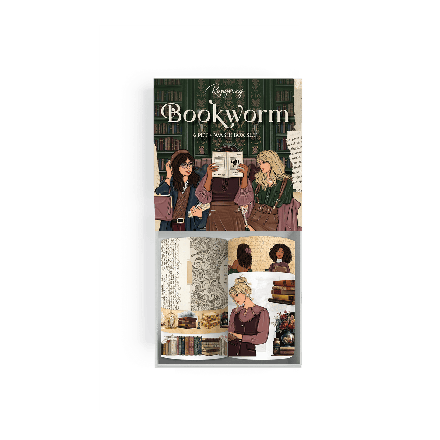 Dark Academia Bookworm Pre-cut PET Tape + Washi Box Set