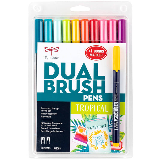 Tombow Dual Brush Pen, Tropical ,10-Pack +Free Fudenosuke