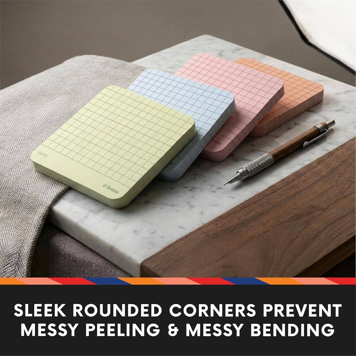 Graph Grid Sticky Notes 4pk | Premium Thick Paper 120g | Colorful Pastel Graphing Memo Pads with Date, 3" x 3"