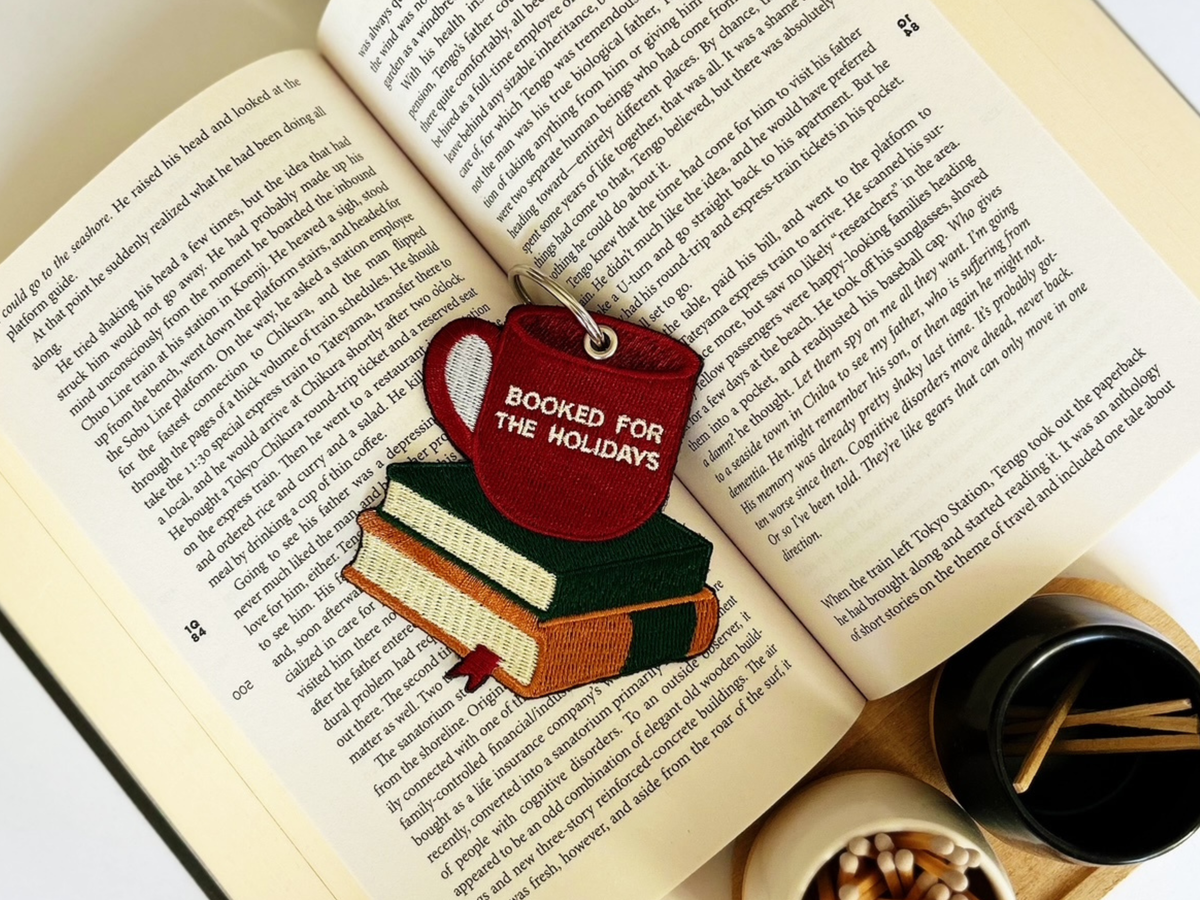 Embroidered Booked for the Holidays Keychain Gift Tag for Book Lovers
