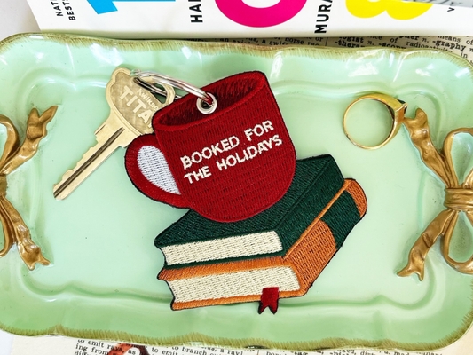 Embroidered Booked for the Holidays Keychain Gift Tag for Book Lovers
