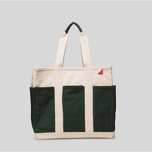 Shore Bags Multi-Pocket Canvas ToteCraft Bag Medium: Natural with Hunter Green