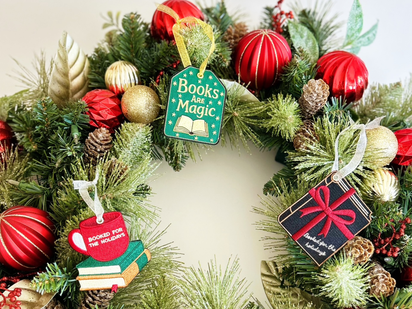 Embroidered Booked for the Holidays Keychain Gift Tag for Book Lovers