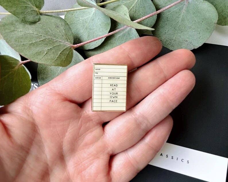 Library Card Catalog Pin | Literary Gifts for Book Lovers | Read at Your Own Pace