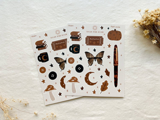 Cozy Autumn Magic Sticker Sheet – Books, Moons, Moths & Mushrooms