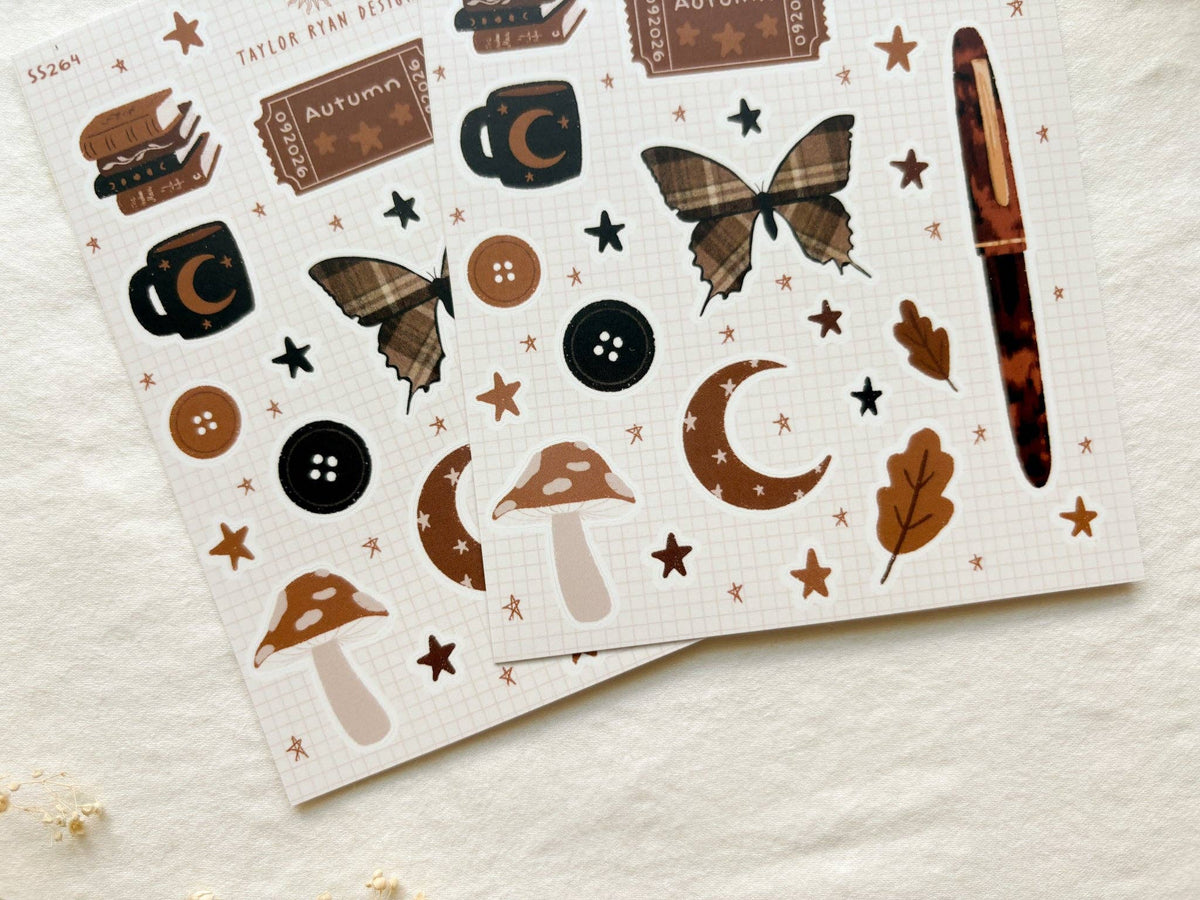 Cozy Autumn Magic Sticker Sheet – Books, Moons, Moths & Mushrooms