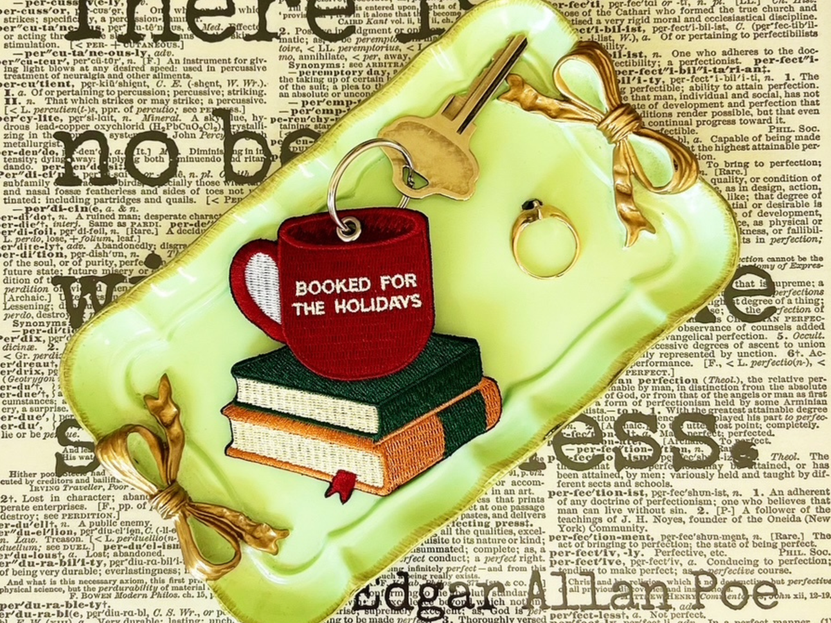 Embroidered Booked for the Holidays Keychain Gift Tag for Book Lovers