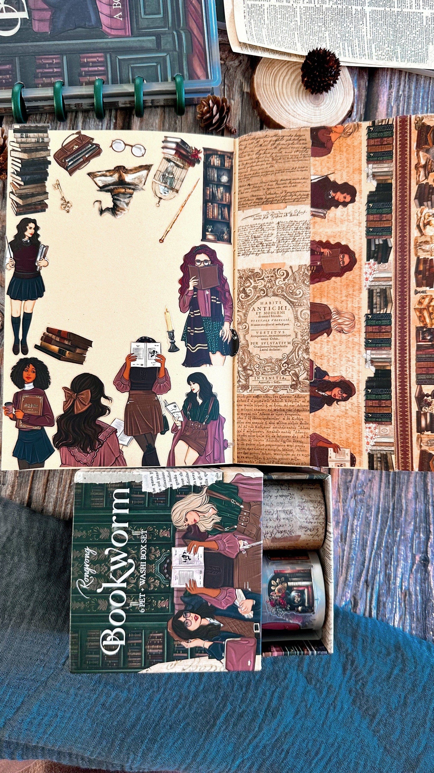 Dark Academia Bookworm Pre-cut PET Tape + Washi Box Set