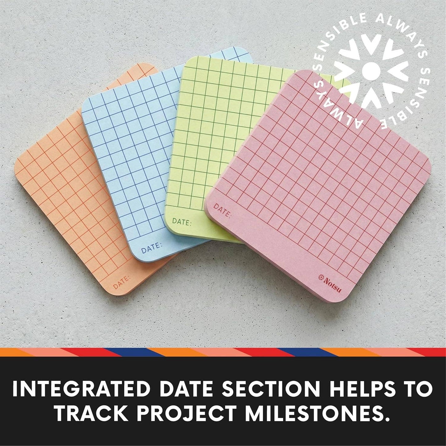 Graph Grid Sticky Notes 4pk | Premium Thick Paper 120g | Colorful Pastel Graphing Memo Pads with Date, 3" x 3"