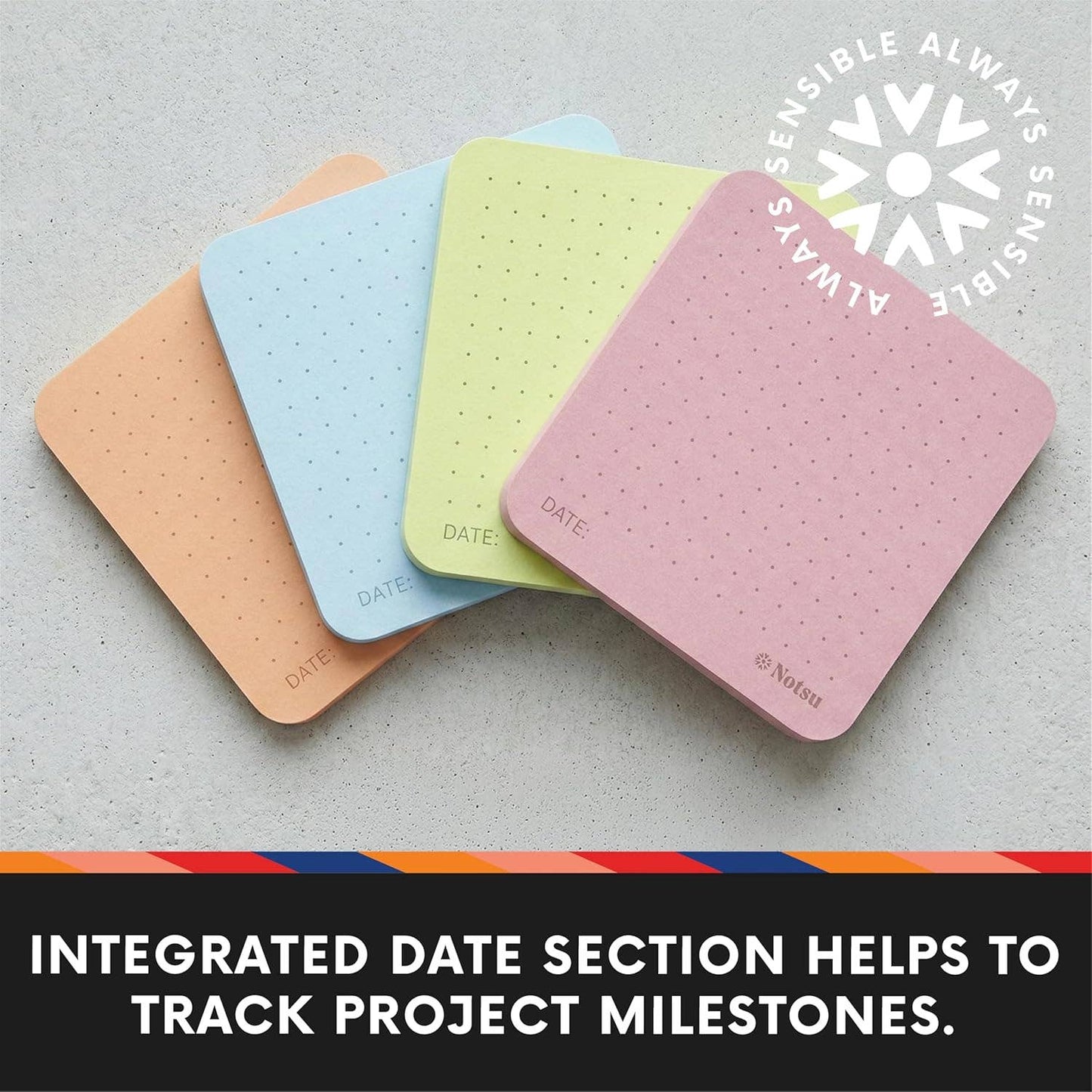 Dot Grid Sticky Notes 4pk | Premium Thick Paper 120g | Colorful Pastel Dotted Memo Pads with Date, 3" x 3"