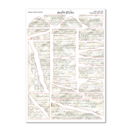 Sadies Stickers Vintage Writing Torn Paper Strips • Journal Sticker Sheet